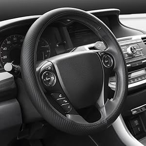 BDK UltraSport Series Steering Wheel Cover-Synthetic Leather Perforated Design & Stitching, All Black Carbon Fiber