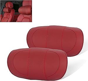 SANRILY 2 Pack Premium Leather Memory Foam Car Neck Pillow Universal Neck Support Pillow for Driver or Front Passenger Seat and Home Adjustable Car Headrest Pillow Red